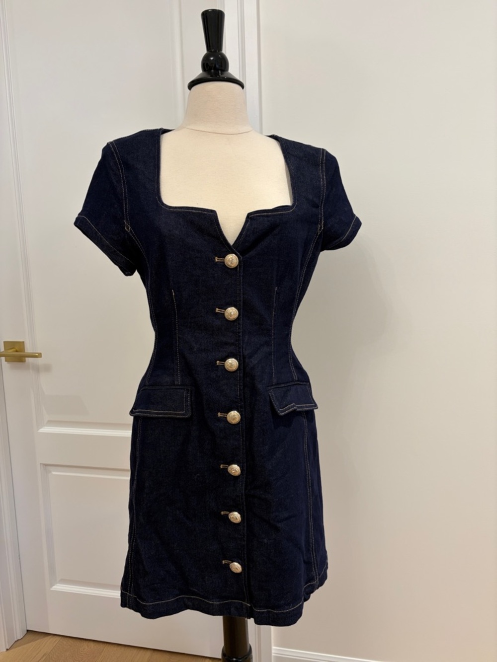 Generation Love Navy Square-Neck Button-Front Mini Dress (denim)